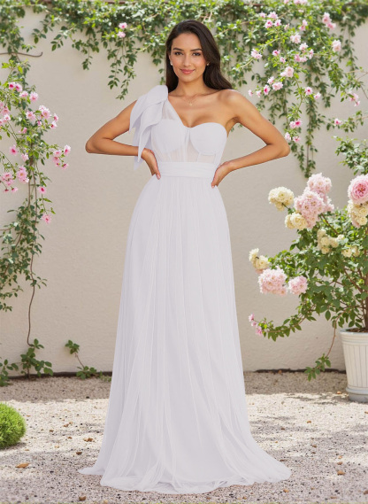 Exquisite A-Line One-Shoulder Chiffon/Tulle Bridesmaid Dresses With Bow(s)