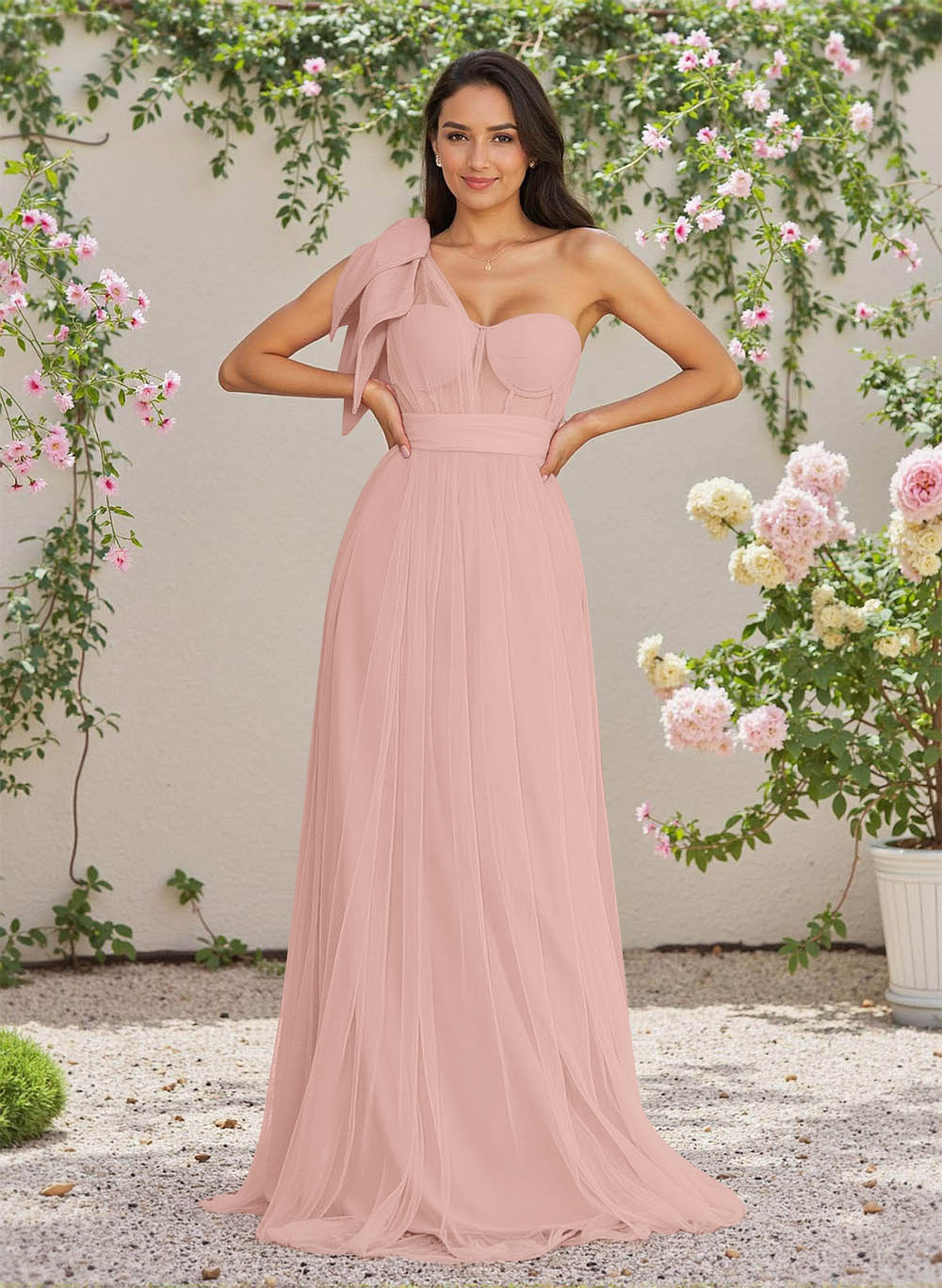 Exquisite A-Line One-Shoulder Chiffon/Tulle Bridesmaid Dresses With Bow(s)