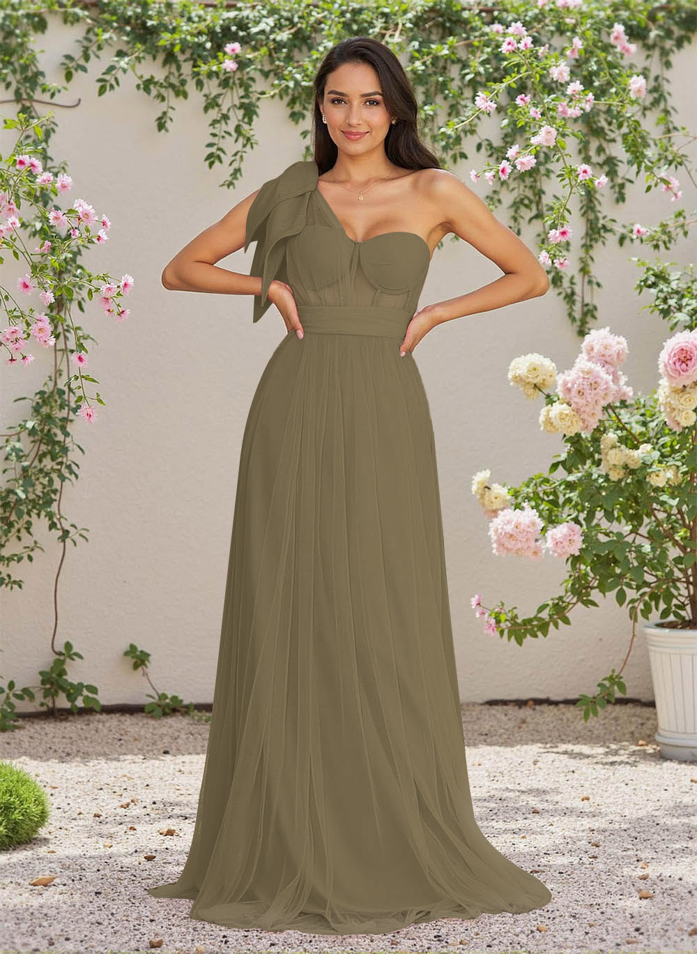 Exquisite A-Line One-Shoulder Chiffon/Tulle Bridesmaid Dresses With Bow(s)