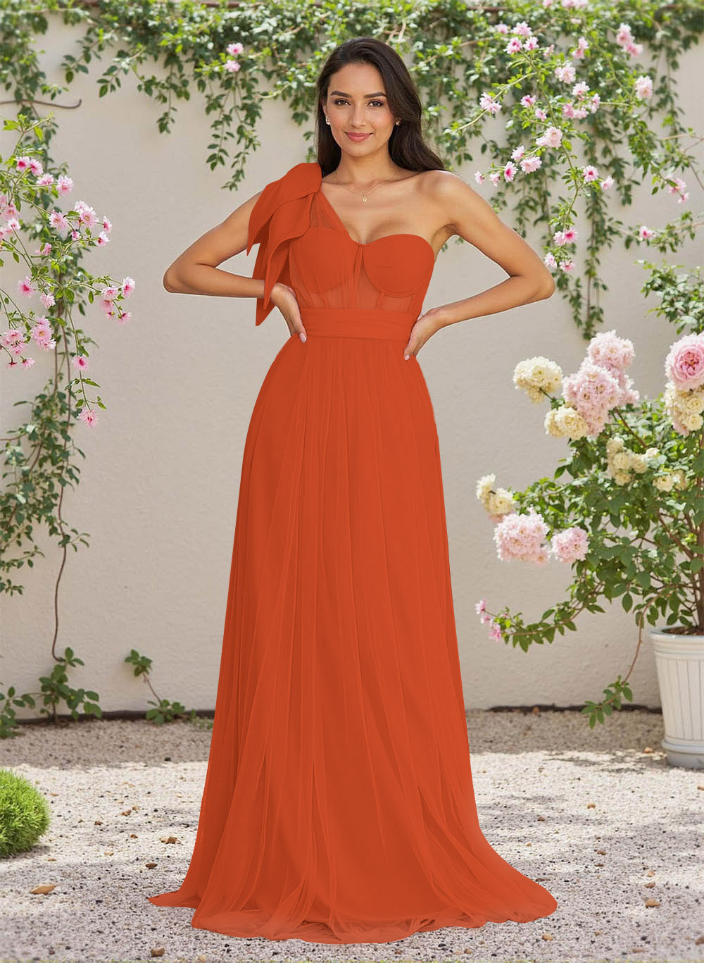 Exquisite A-Line One-Shoulder Chiffon/Tulle Bridesmaid Dresses With Bow(s)