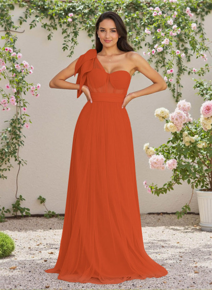 Exquisite A-Line One-Shoulder Chiffon/Tulle Bridesmaid Dresses With Bow(s)