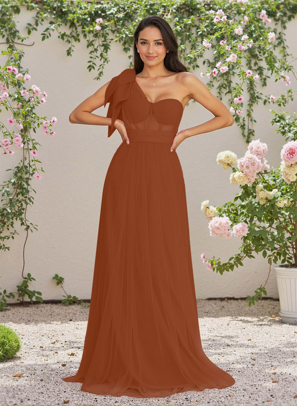 Exquisite A-Line One-Shoulder Chiffon/Tulle Bridesmaid Dresses With Bow(s)