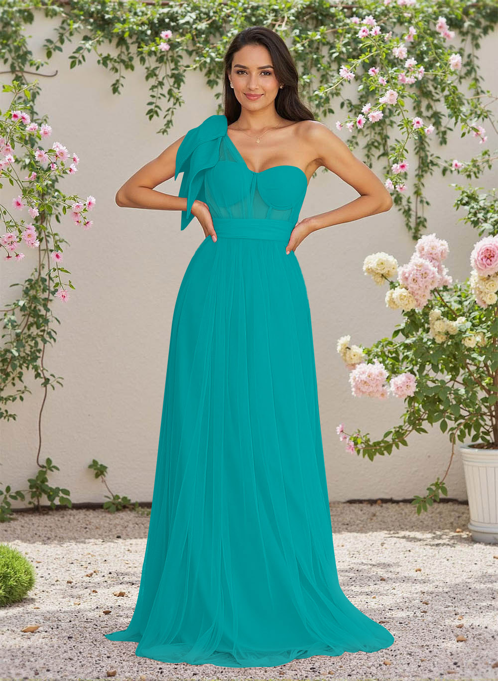 Exquisite A-Line One-Shoulder Chiffon/Tulle Bridesmaid Dresses With Bow(s)