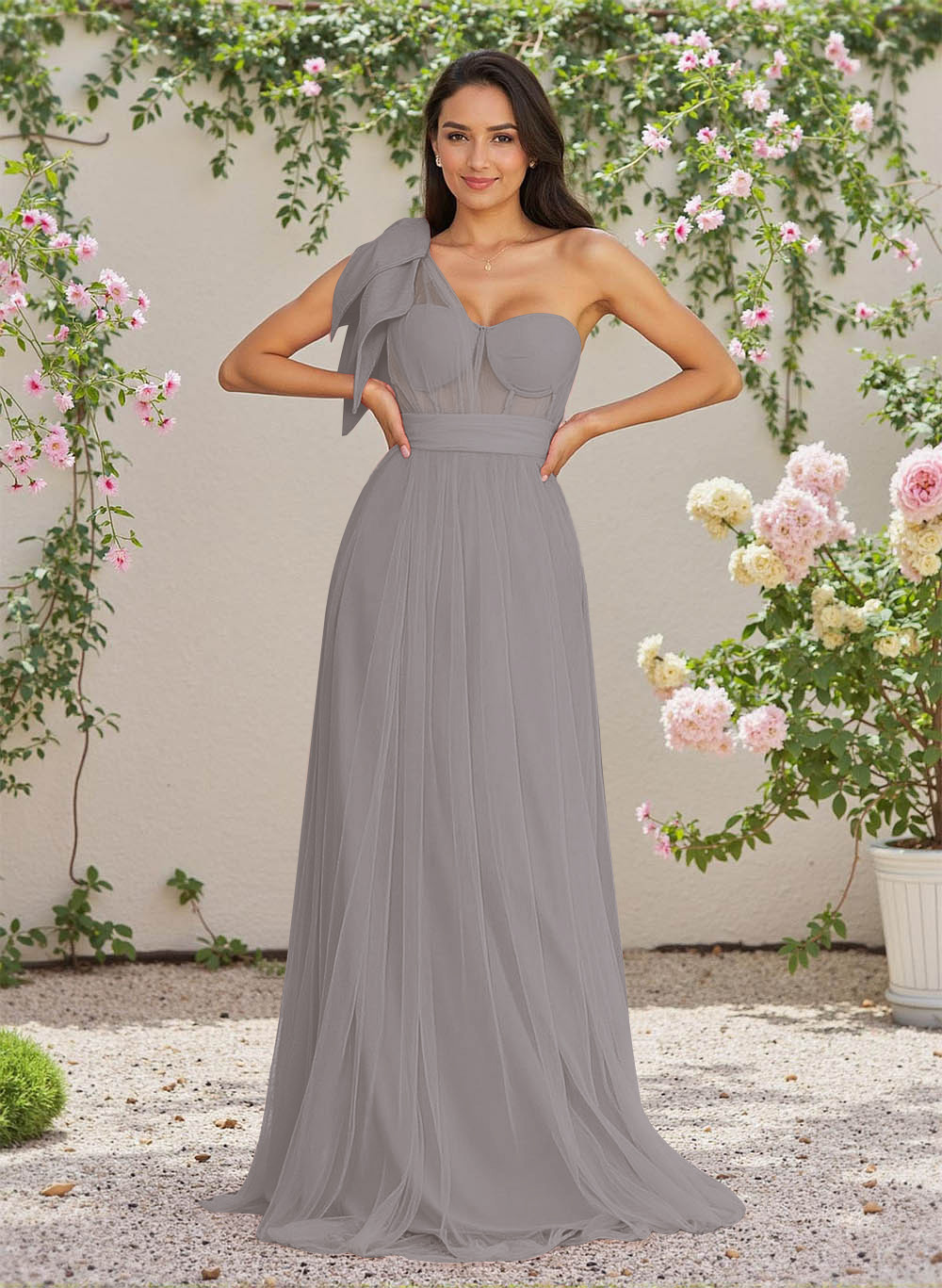 Exquisite A-Line One-Shoulder Chiffon/Tulle Bridesmaid Dresses With Bow(s)