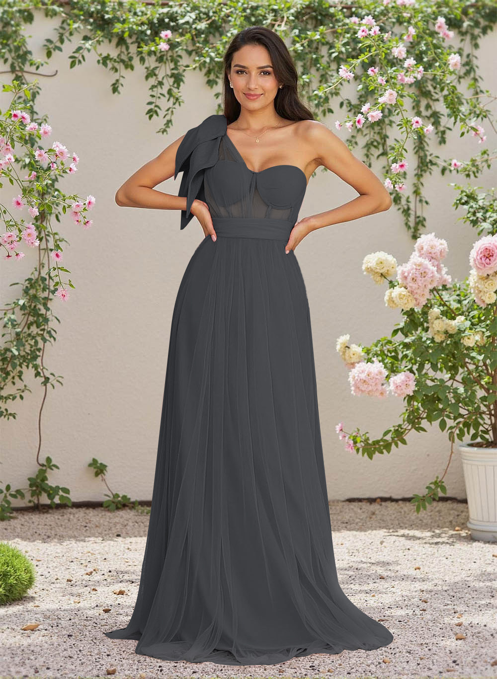 Exquisite A-Line One-Shoulder Chiffon/Tulle Bridesmaid Dresses With Bow(s)
