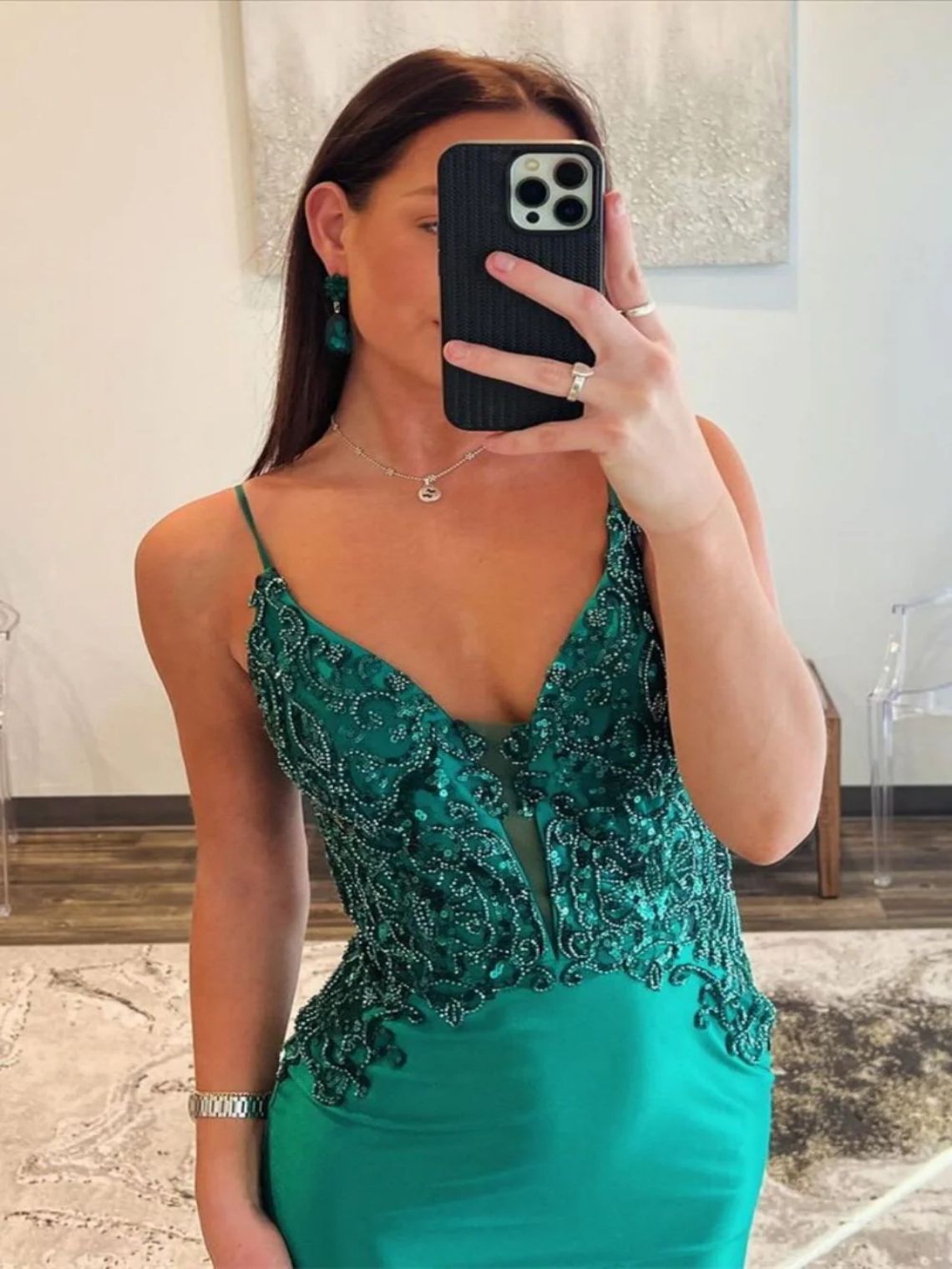 Mermaid Dark Green Spaghetti Straps Open Back Prom Dress With Beading