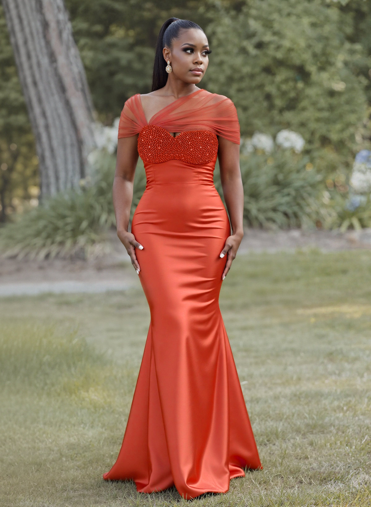 Elegant Trumpet/Mermaid Sweetheart Floor-Length Charmeuse Bridesmaid Dresses With Beading in Burnt Orange, US2