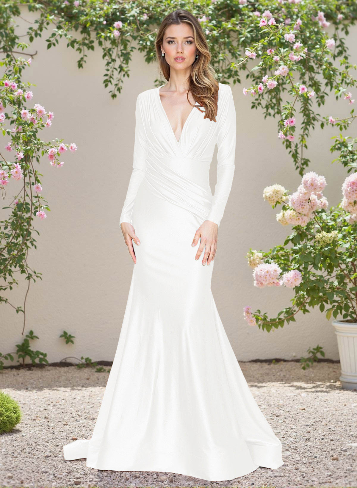 Modest Trumpet V-Neck Long Sleeves Jersey Bridesmaid Dresses
