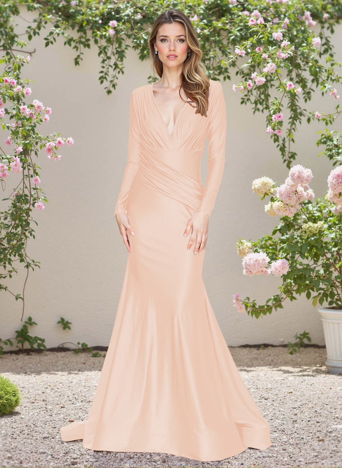 Modest Trumpet V-Neck Long Sleeves Jersey Bridesmaid Dresses