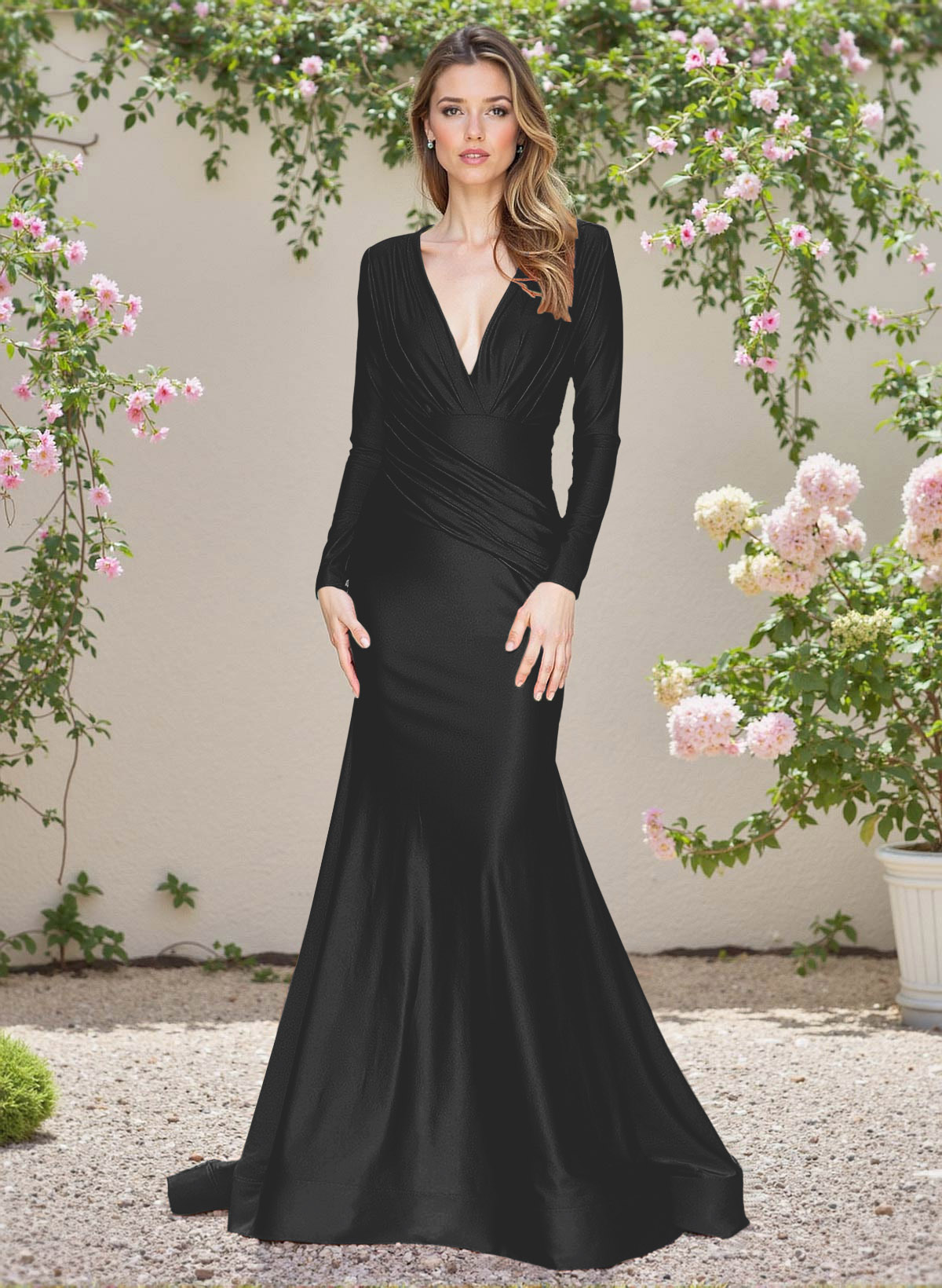Modest Trumpet V-Neck Long Sleeves Jersey Bridesmaid Dresses