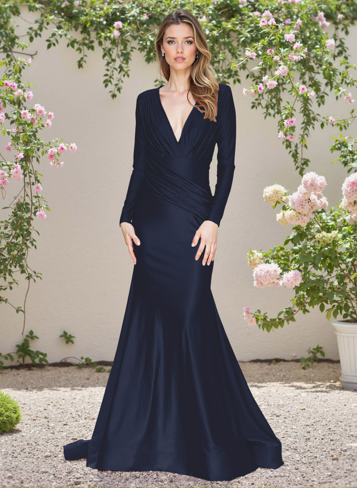 Modest Trumpet V-Neck Long Sleeves Jersey Bridesmaid Dresses