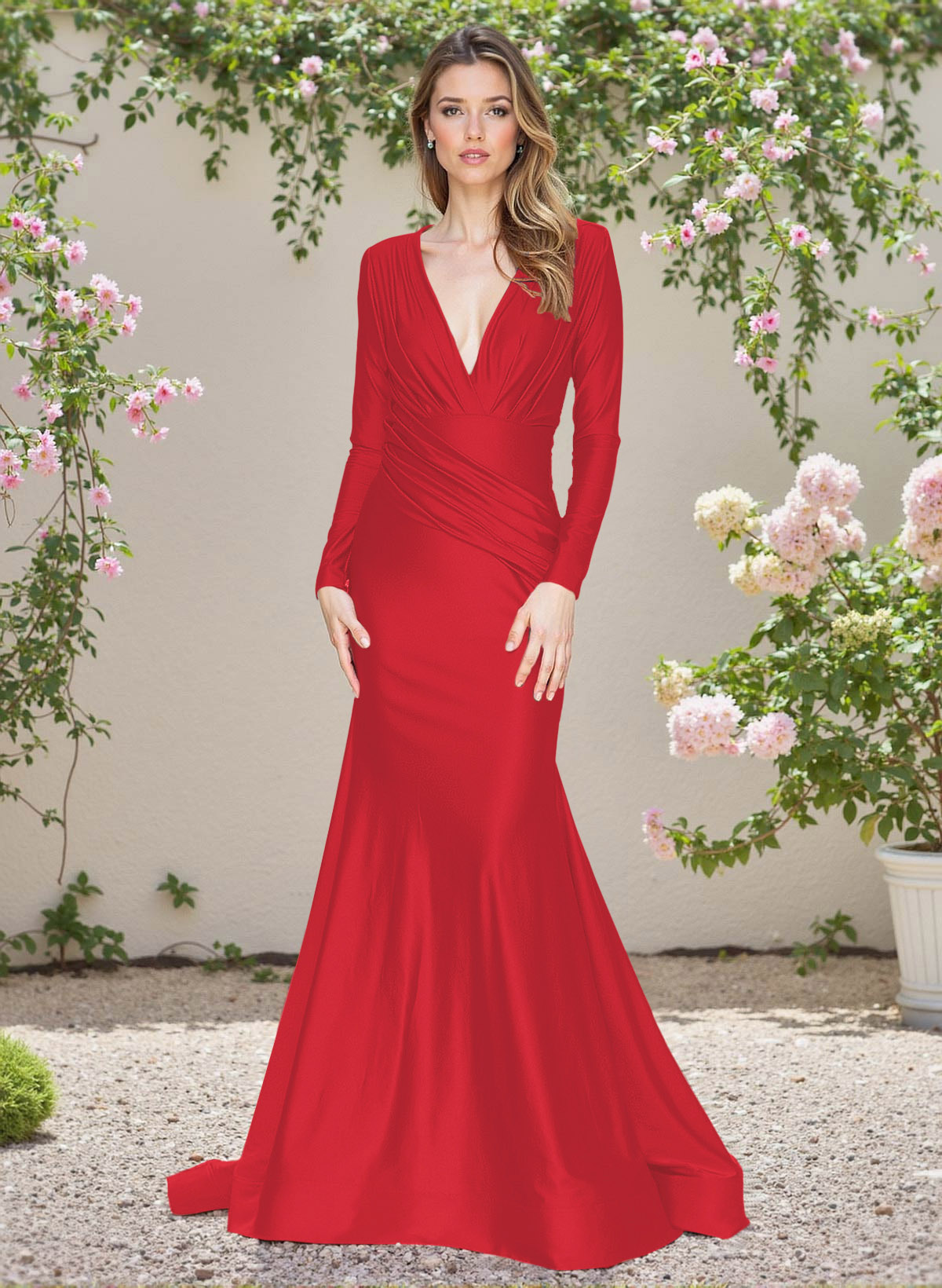 Modest Trumpet V-Neck Long Sleeves Jersey Bridesmaid Dresses