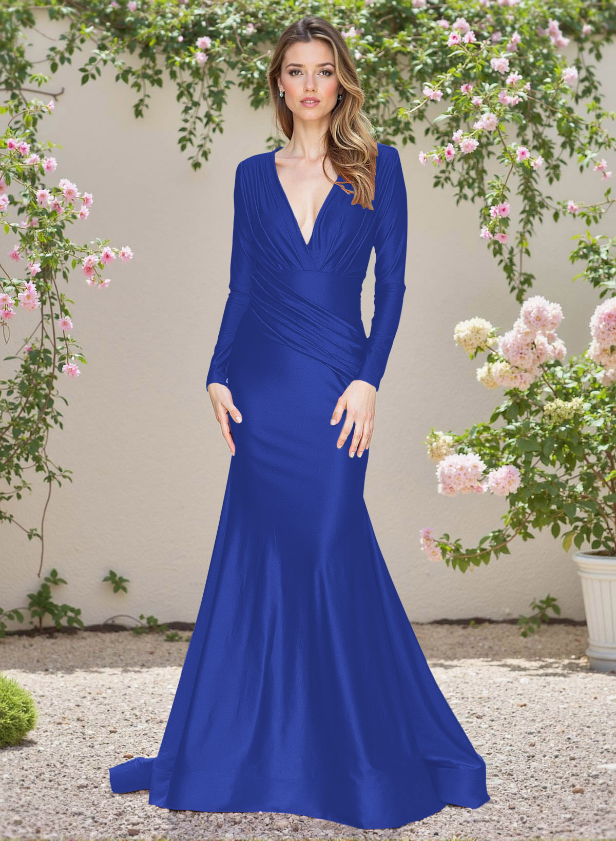 Modest Trumpet V-Neck Long Sleeves Jersey Bridesmaid Dresses