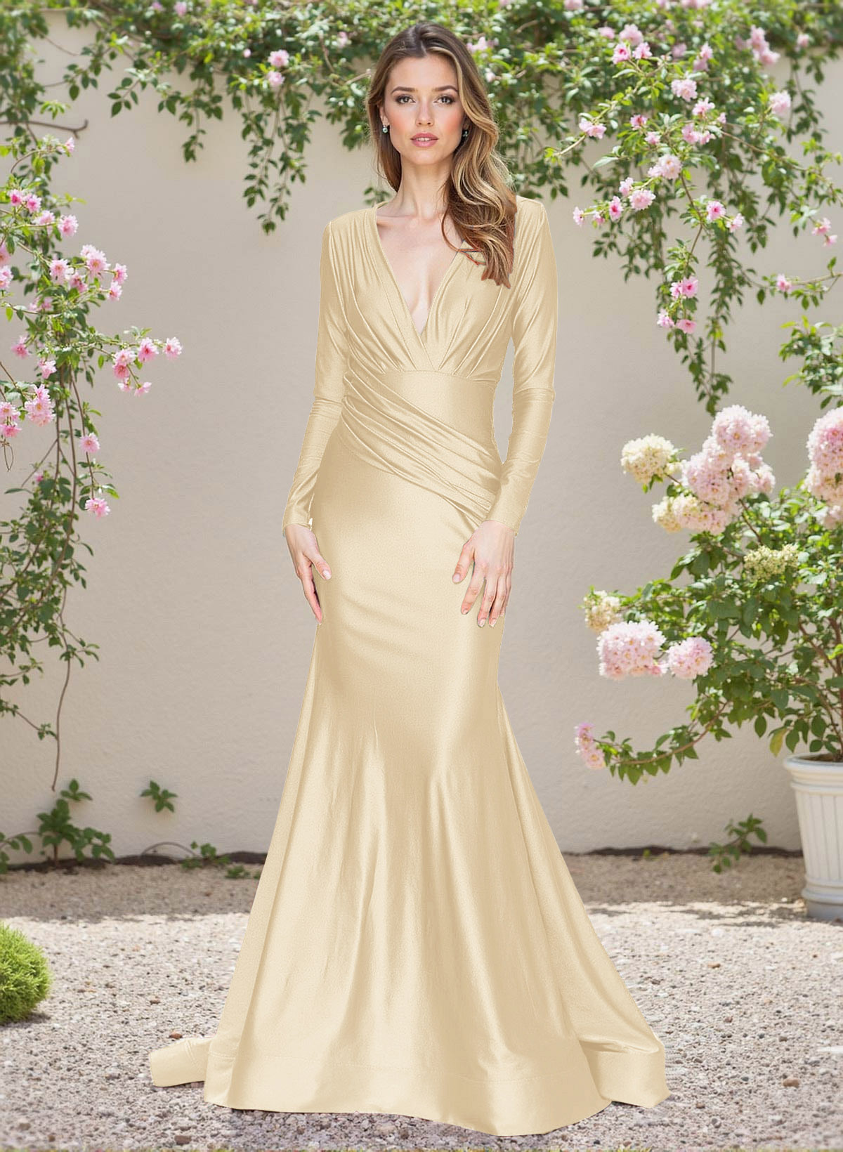 Modest Trumpet V-Neck Long Sleeves Jersey Bridesmaid Dresses