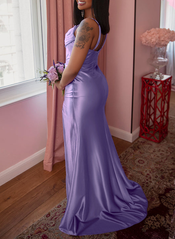 Trumpet/Mermaid Cowl Neck Bridesmaid Dresses With High Split, image 2