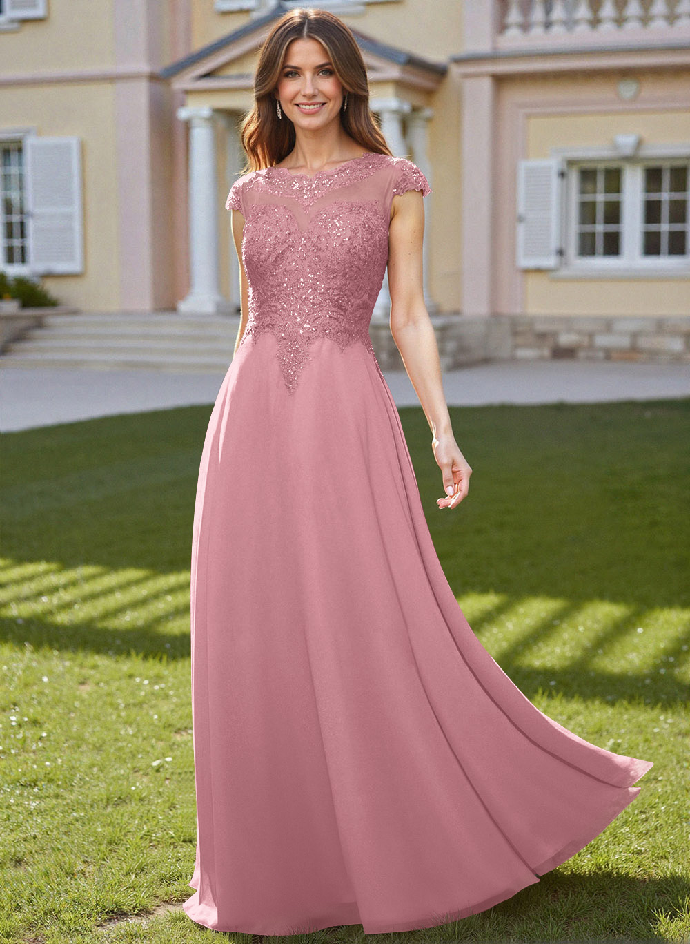 Sheath/Column Scoop Neck Floor-Length Lace/Chiffon Mother Of The Bride Dresses With Appliques Lace