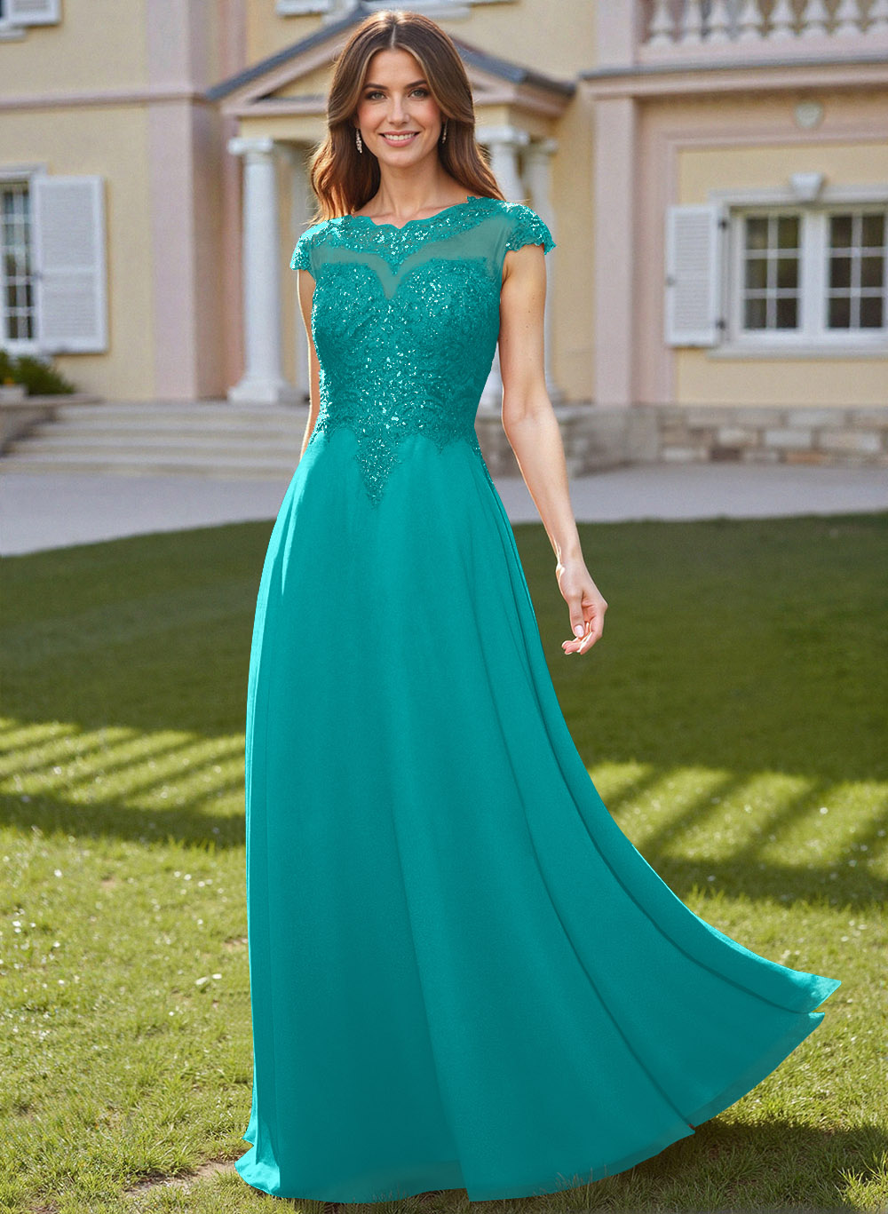 Sheath/Column Scoop Neck Floor-Length Lace/Chiffon Mother Of The Bride Dresses With Appliques Lace