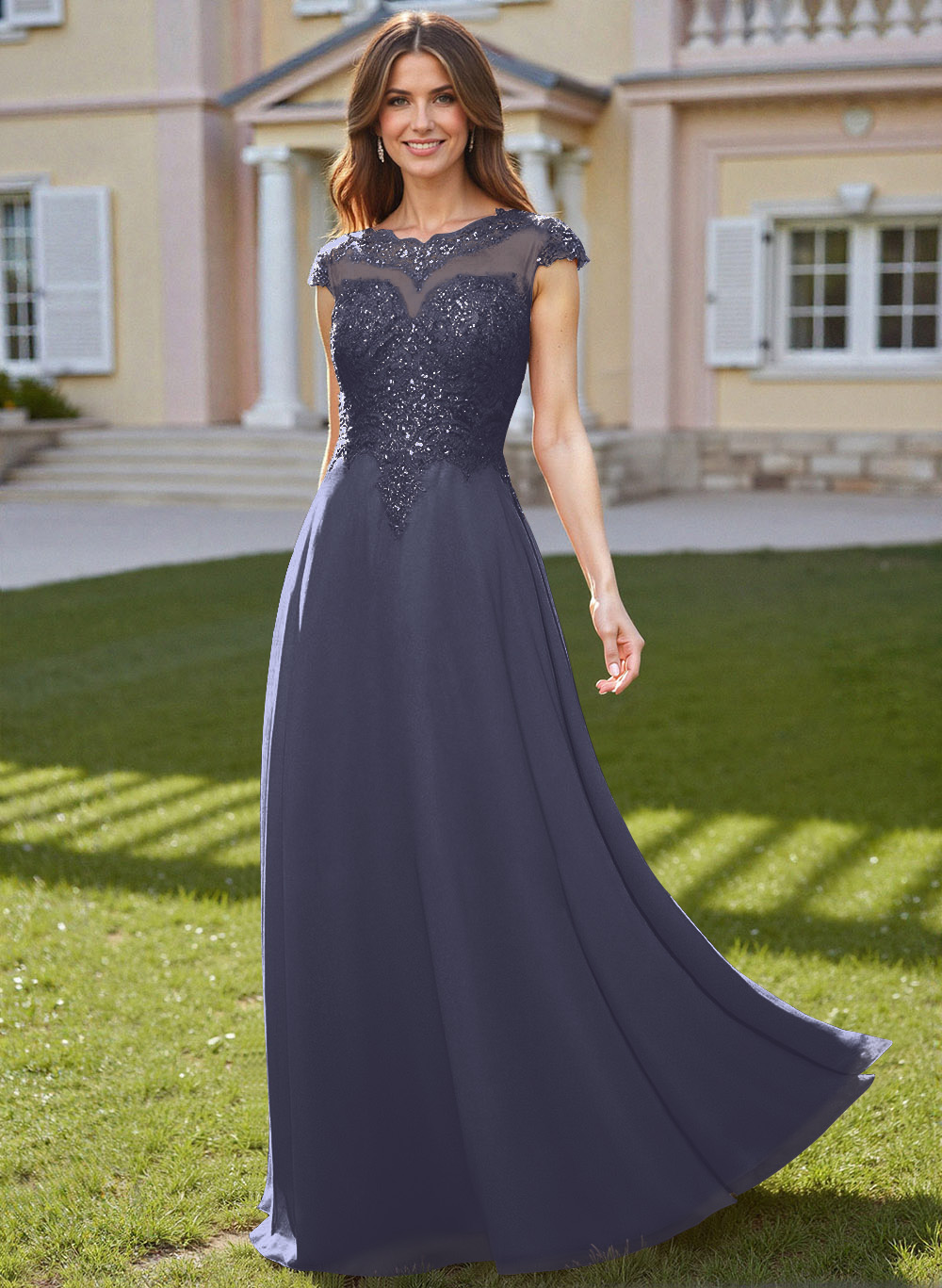 Sheath/Column Scoop Neck Floor-Length Lace/Chiffon Mother Of The Bride Dresses With Appliques Lace