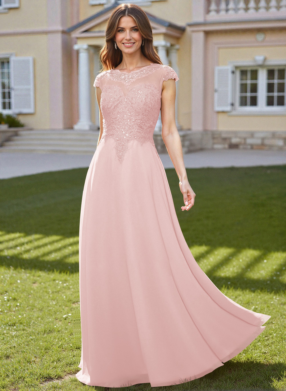 Sheath/Column Scoop Neck Floor-Length Lace/Chiffon Mother Of The Bride Dresses With Appliques Lace