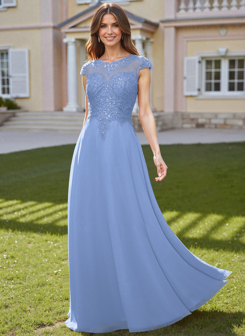 Sheath/Column Scoop Neck Floor-Length Lace/Chiffon Mother Of The Bride Dresses With Appliques Lace