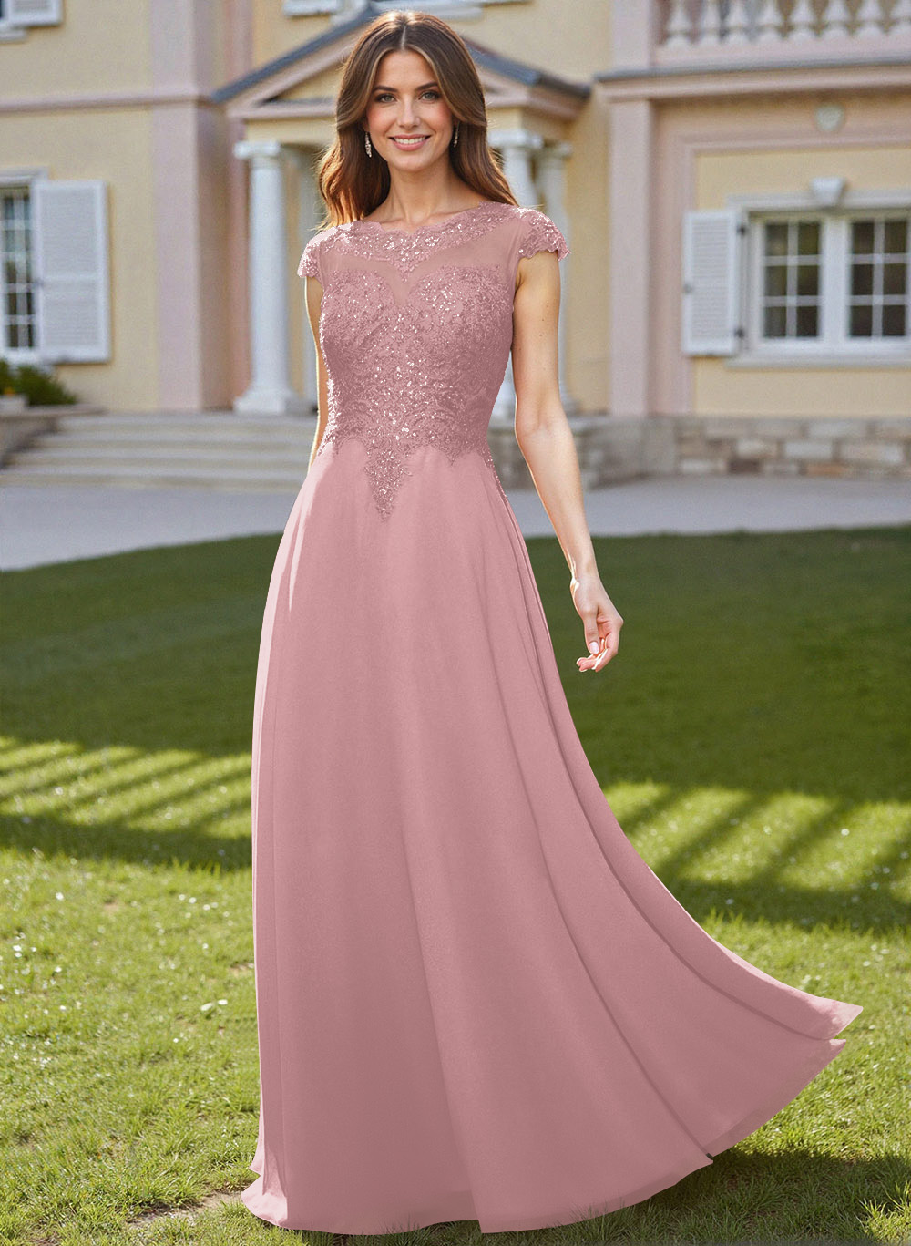 Sheath/Column Scoop Neck Floor-Length Lace/Chiffon Mother Of The Bride Dresses With Appliques Lace