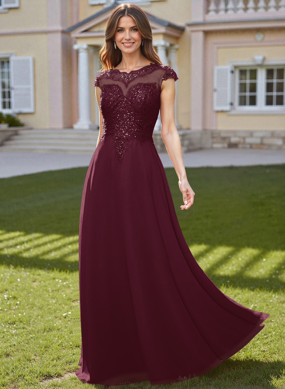 Sheath/Column Scoop Neck Floor-Length Lace/Chiffon Mother Of The Bride Dresses With Appliques Lace