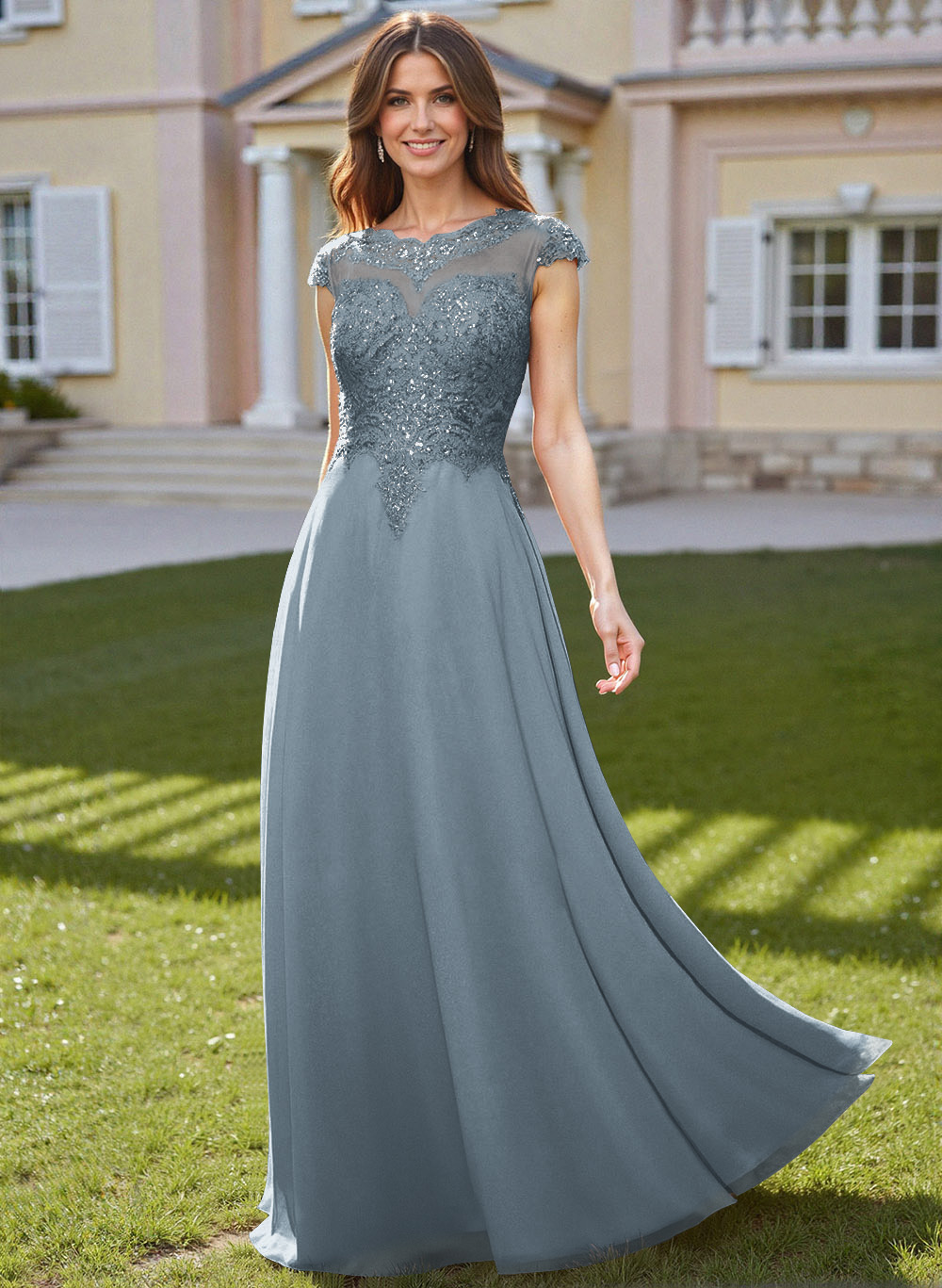 Sheath/Column Scoop Neck Floor-Length Lace/Chiffon Mother Of The Bride Dresses With Appliques Lace