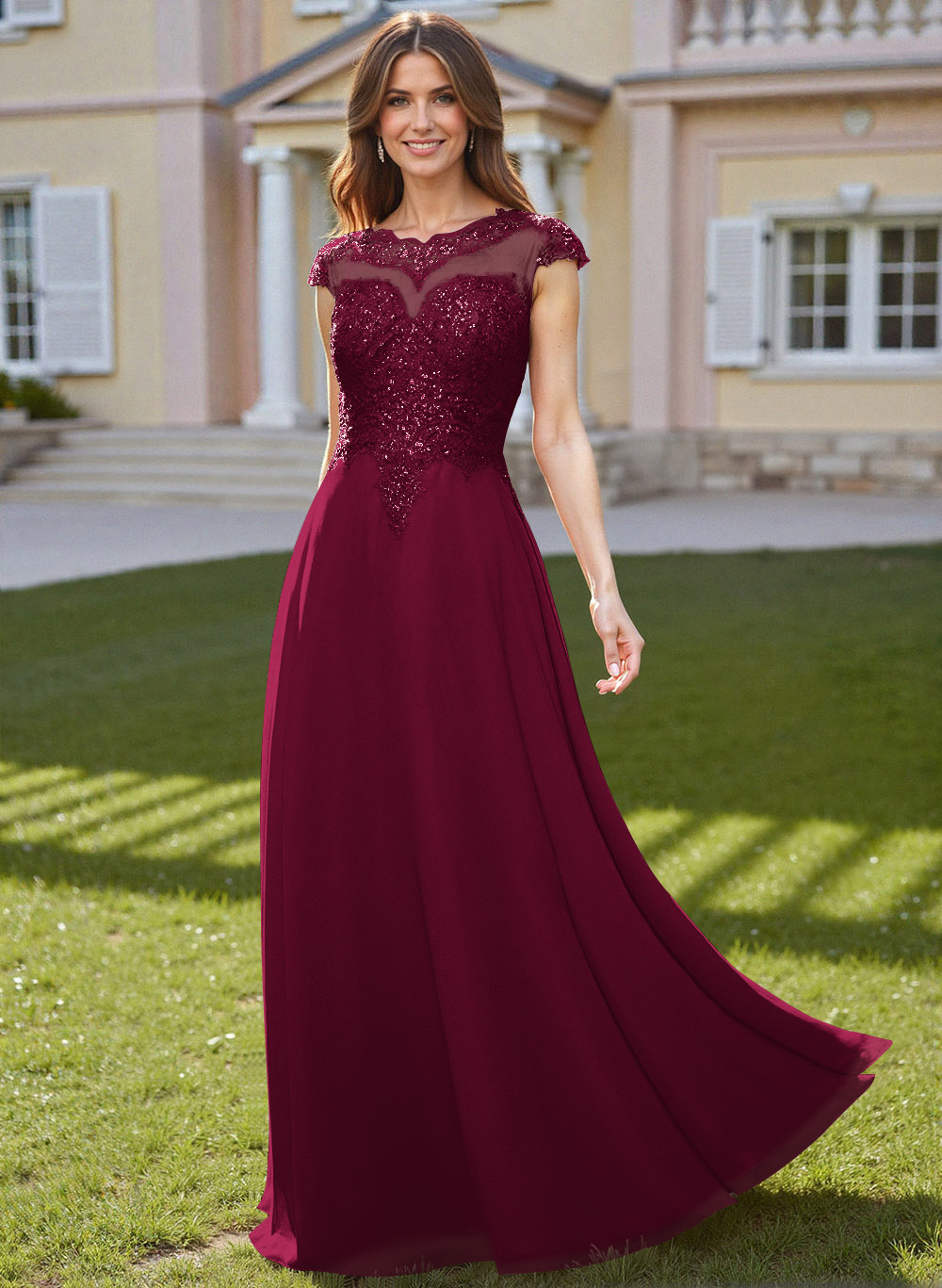 Sheath/Column Scoop Neck Floor-Length Lace/Chiffon Mother Of The Bride Dresses With Appliques Lace