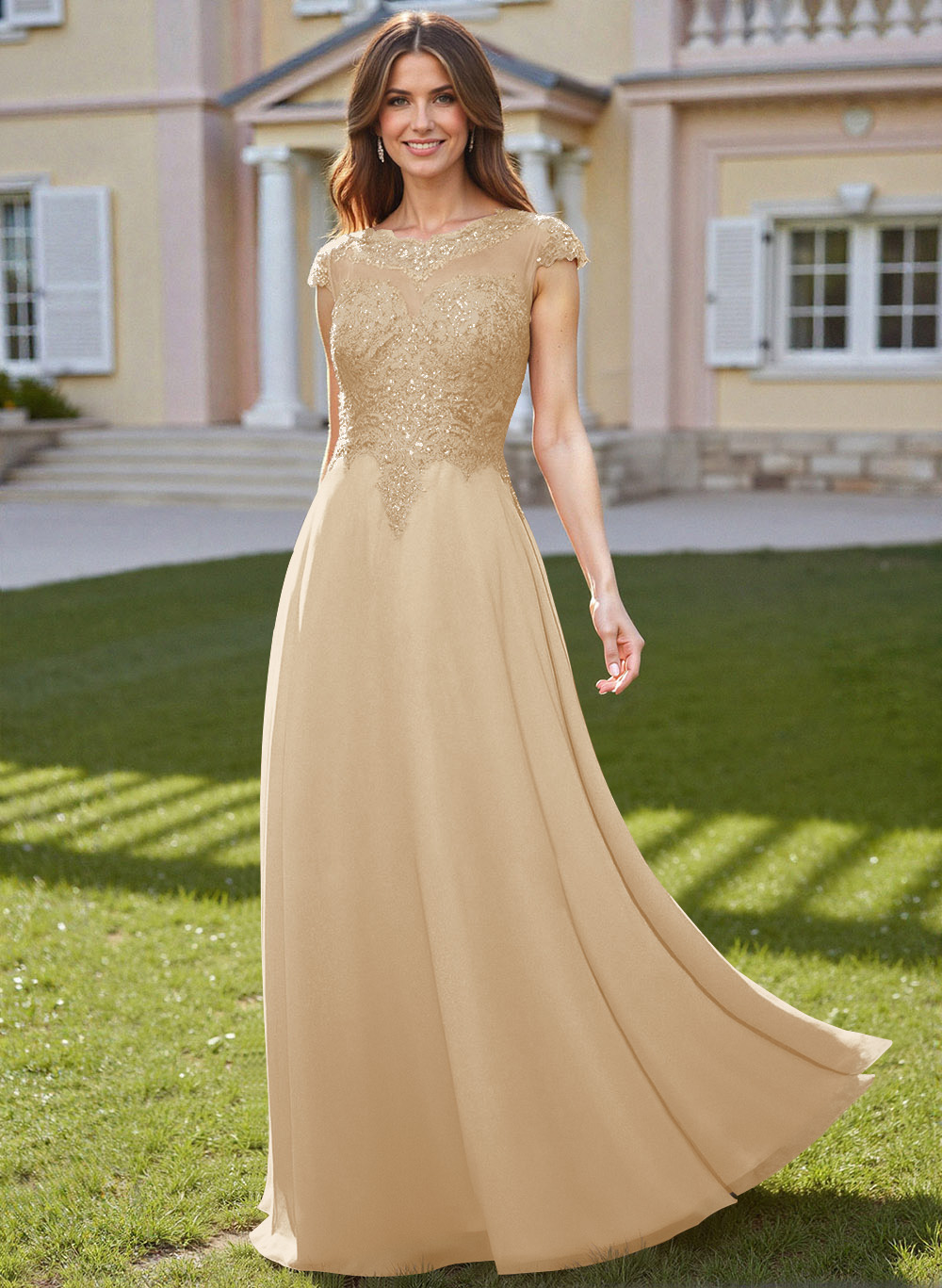 Sheath/Column Scoop Neck Floor-Length Lace/Chiffon Mother Of The Bride Dresses With Appliques Lace
