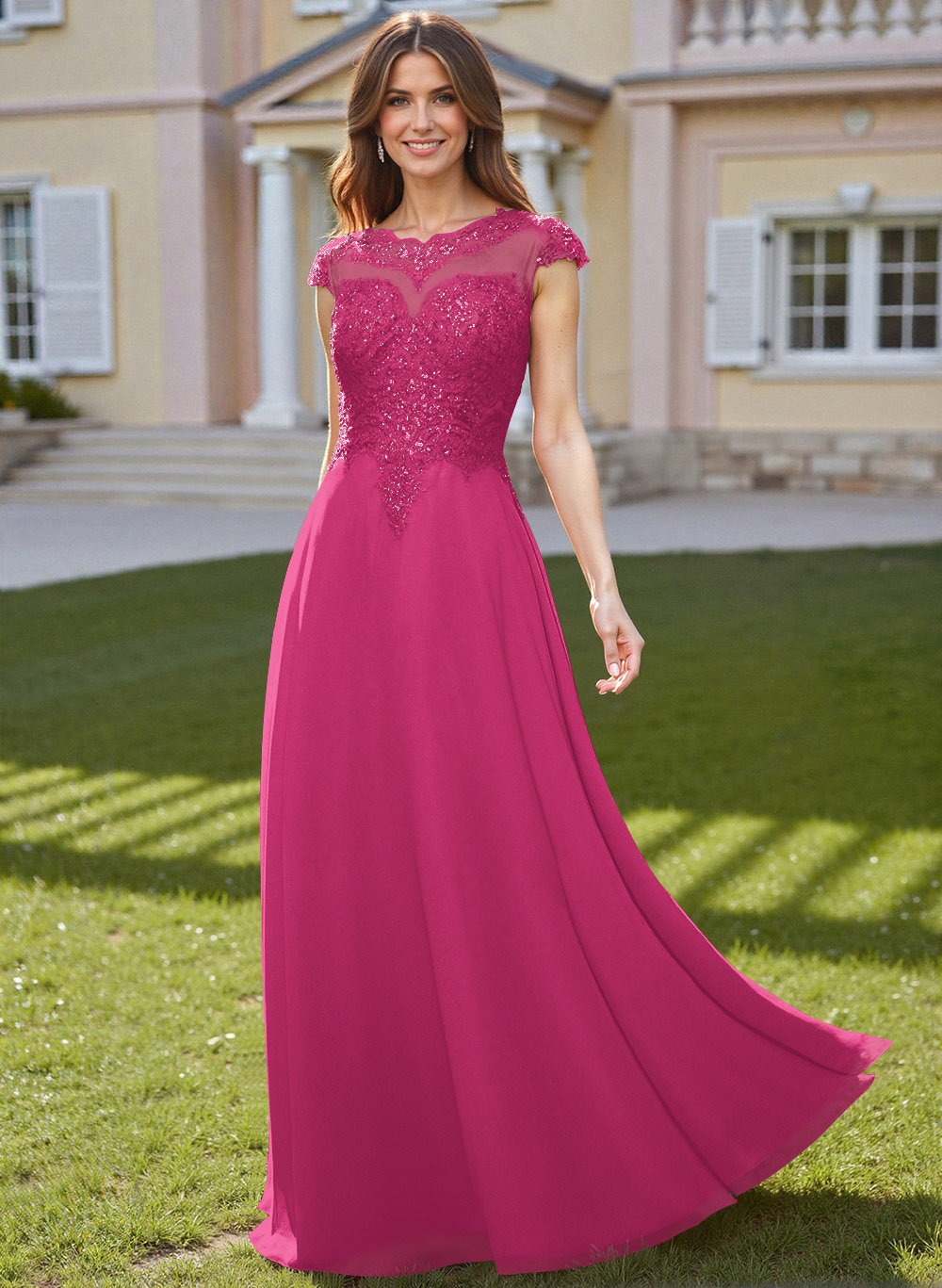 Sheath/Column Scoop Neck Floor-Length Lace/Chiffon Mother Of The Bride Dresses With Appliques Lace