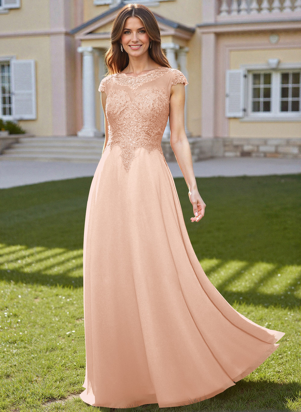Sheath/Column Scoop Neck Floor-Length Lace/Chiffon Mother Of The Bride Dresses With Appliques Lace
