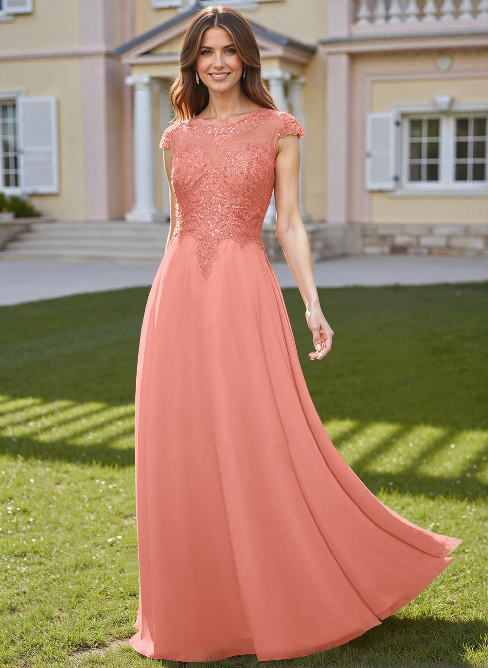Sheath/Column Scoop Neck Floor-Length Lace/Chiffon Mother Of The Bride Dresses With Appliques Lace
