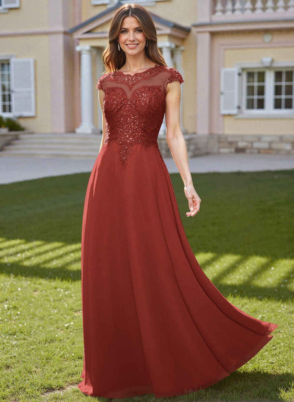 Sheath/Column Scoop Neck Floor-Length Lace/Chiffon Mother Of The Bride Dresses With Appliques Lace