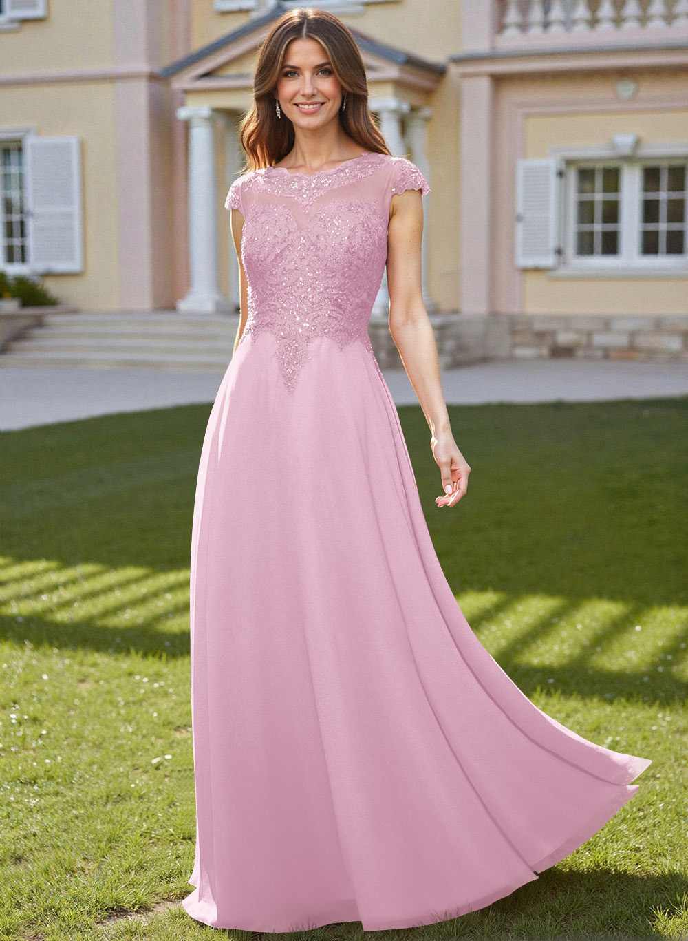 Sheath/Column Scoop Neck Floor-Length Lace/Chiffon Mother Of The Bride Dresses With Appliques Lace