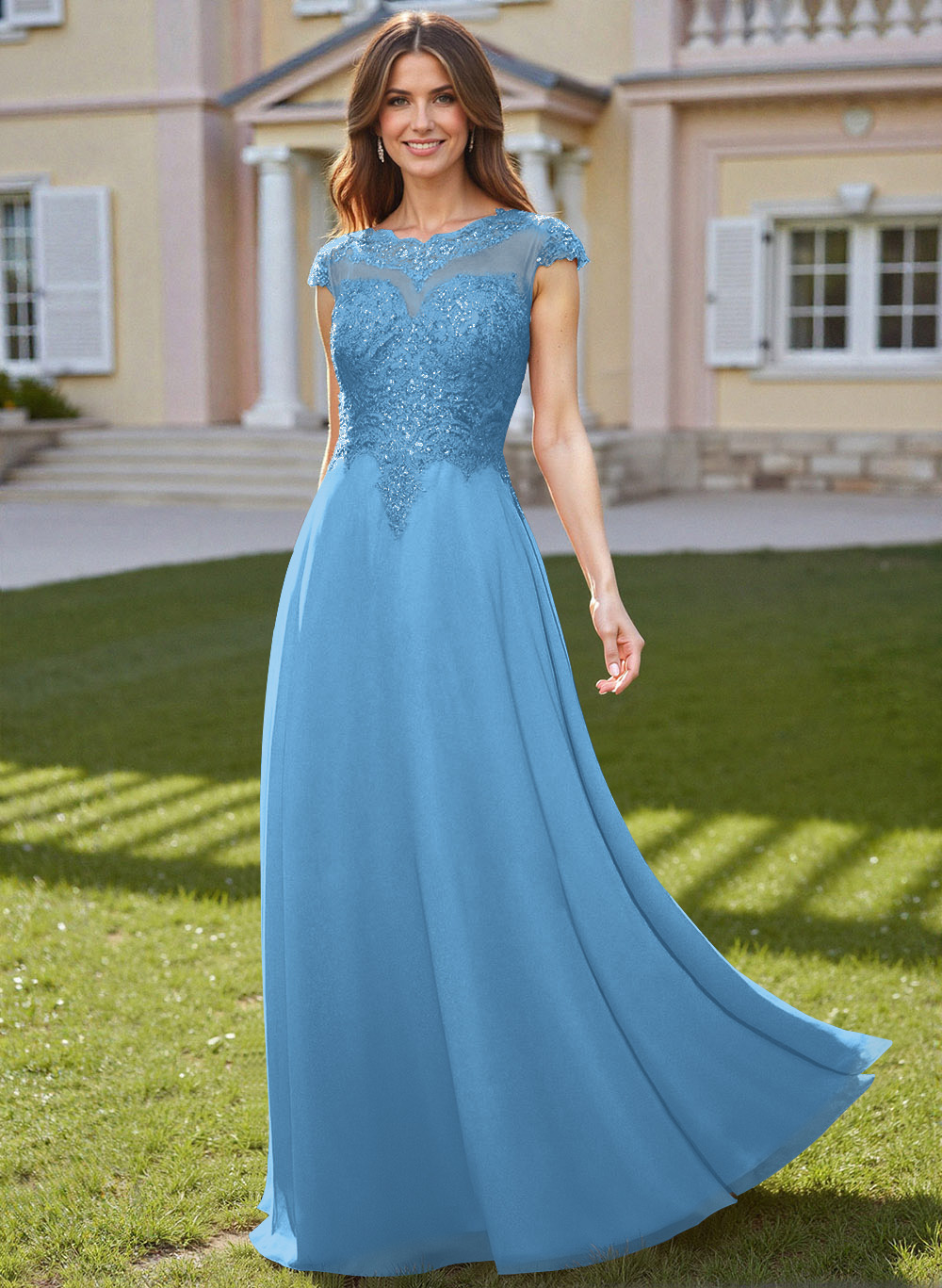 Sheath/Column Scoop Neck Floor-Length Lace/Chiffon Mother Of The Bride Dresses With Appliques Lace