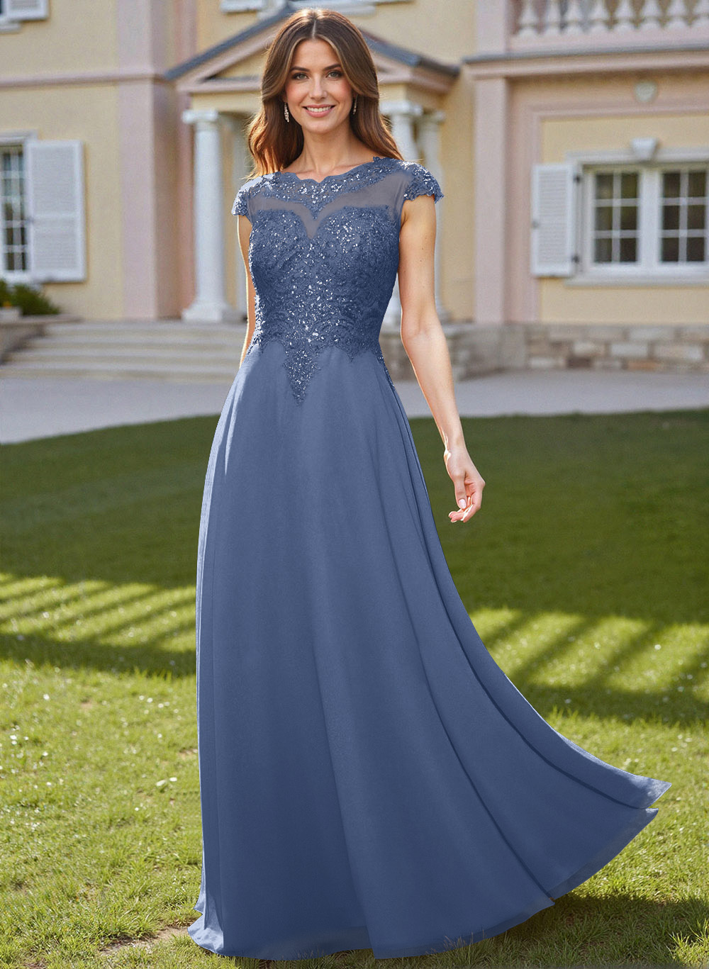 Sheath/Column Scoop Neck Floor-Length Lace/Chiffon Mother Of The Bride Dresses With Appliques Lace