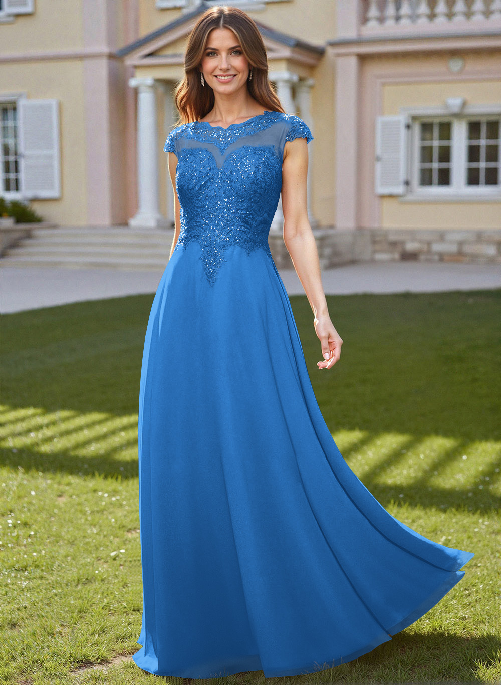 Sheath/Column Scoop Neck Floor-Length Lace/Chiffon Mother Of The Bride Dresses With Appliques Lace
