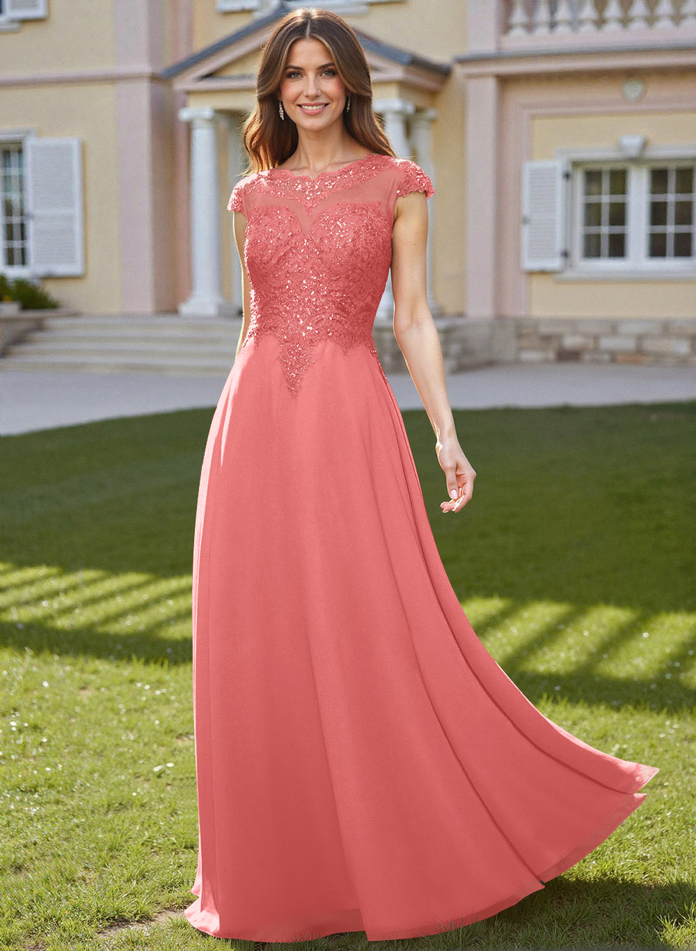 Sheath/Column Scoop Neck Floor-Length Lace/Chiffon Mother Of The Bride Dresses With Appliques Lace