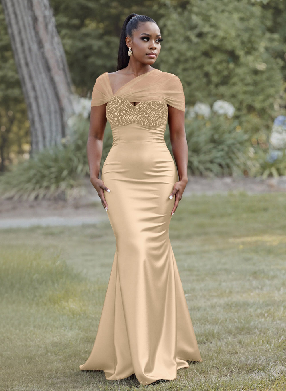 Elegant Trumpet/Mermaid Sweetheart Floor-Length Charmeuse Bridesmaid Dresses With Beading, product image 9