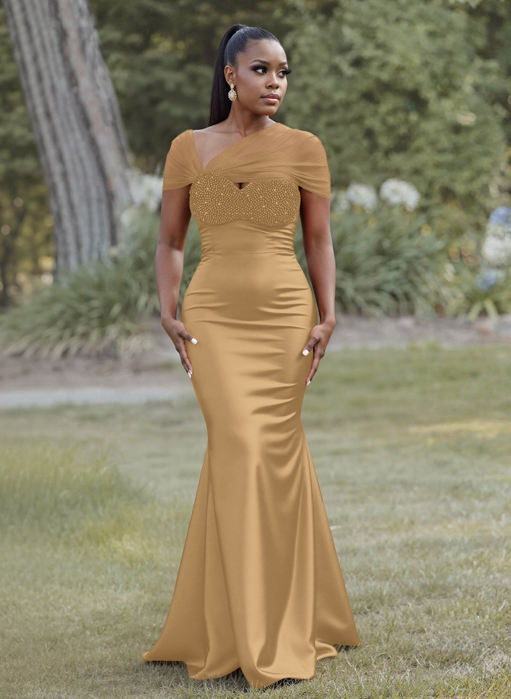 Elegant Trumpet/Mermaid Sweetheart Floor-Length Charmeuse Bridesmaid Dresses With Beading, product image 17