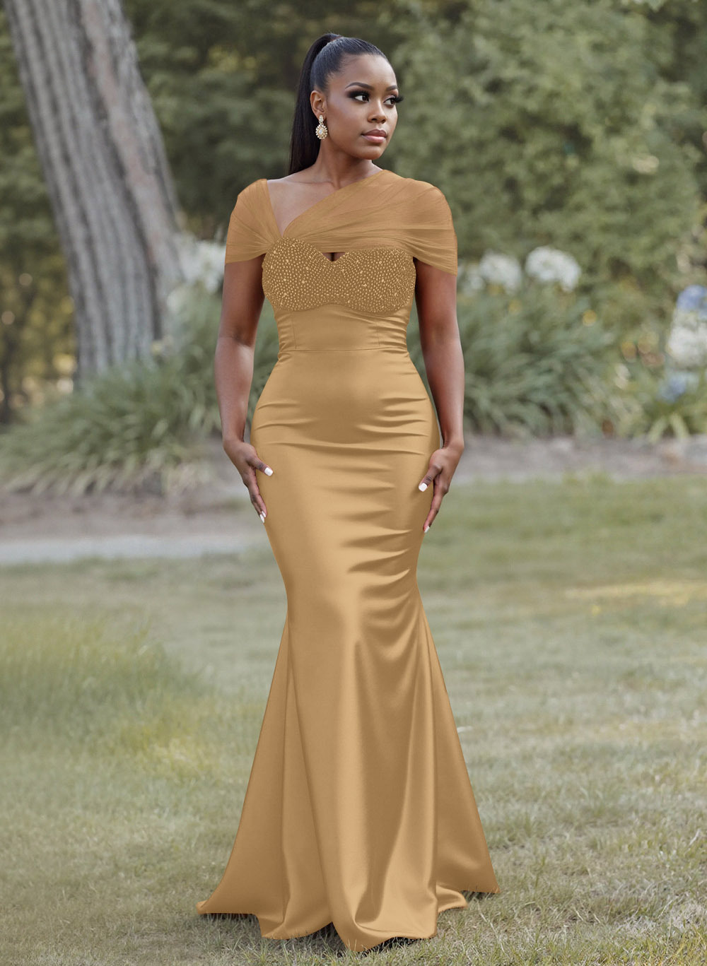 Elegant Trumpet/Mermaid Sweetheart Floor-Length Charmeuse Bridesmaid Dresses With Beading, product image 17