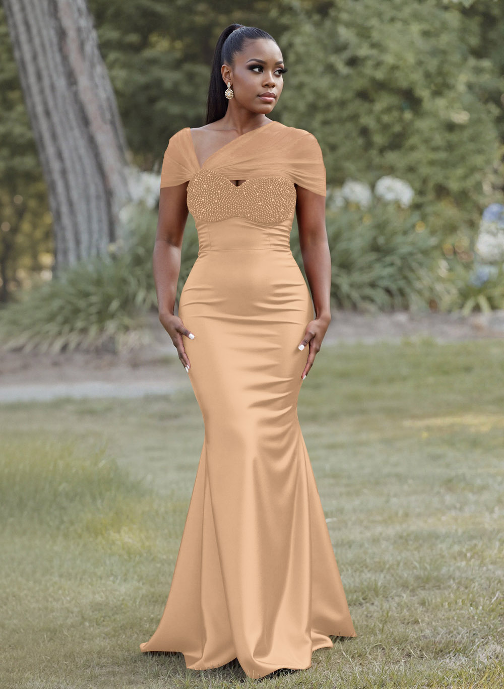 Elegant Trumpet/Mermaid Sweetheart Floor-Length Charmeuse Bridesmaid Dresses With Beading, product image 75