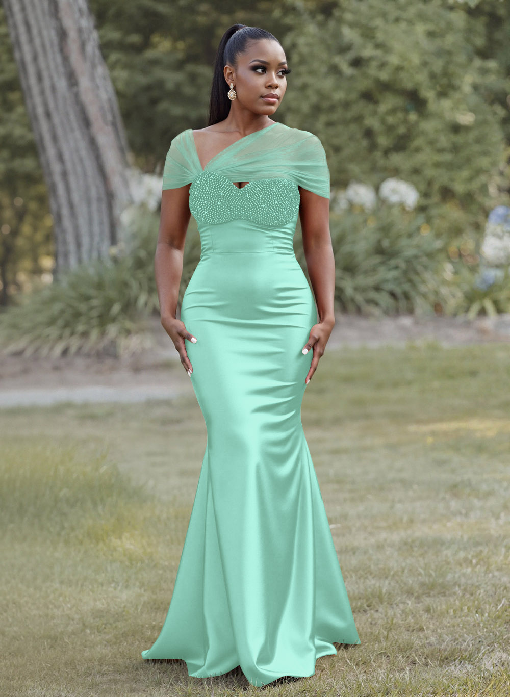Elegant Trumpet/Mermaid Sweetheart Floor-Length Charmeuse Bridesmaid Dresses With Beading, product image 27