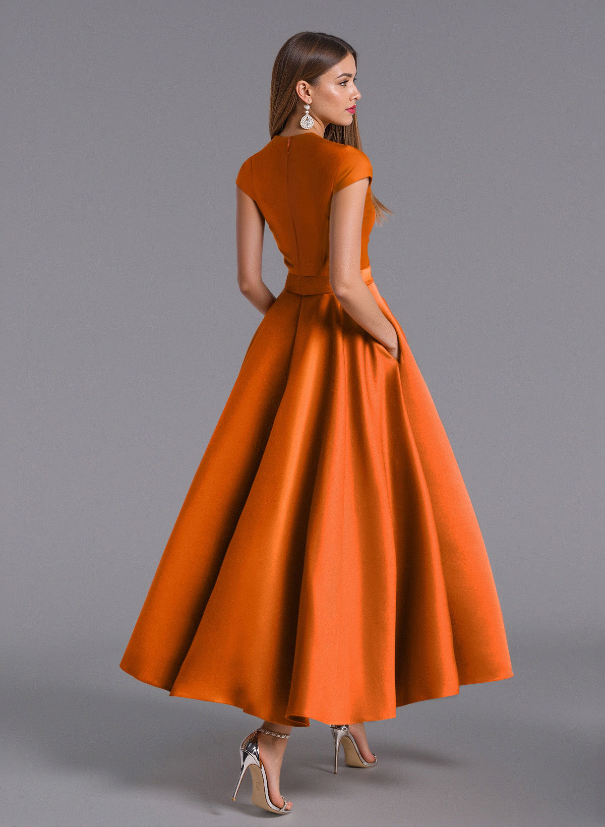 Classic V-Neck Short Sleeves Flower(s) A-Line Ankle-Length Satin Bridesmaid Dresses With Pockets, product image 2