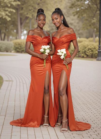Trumpet/Mermaid Off-The-Shoulder Sweep Train Silk Like Satin Bridesmaid Dresses With High Split