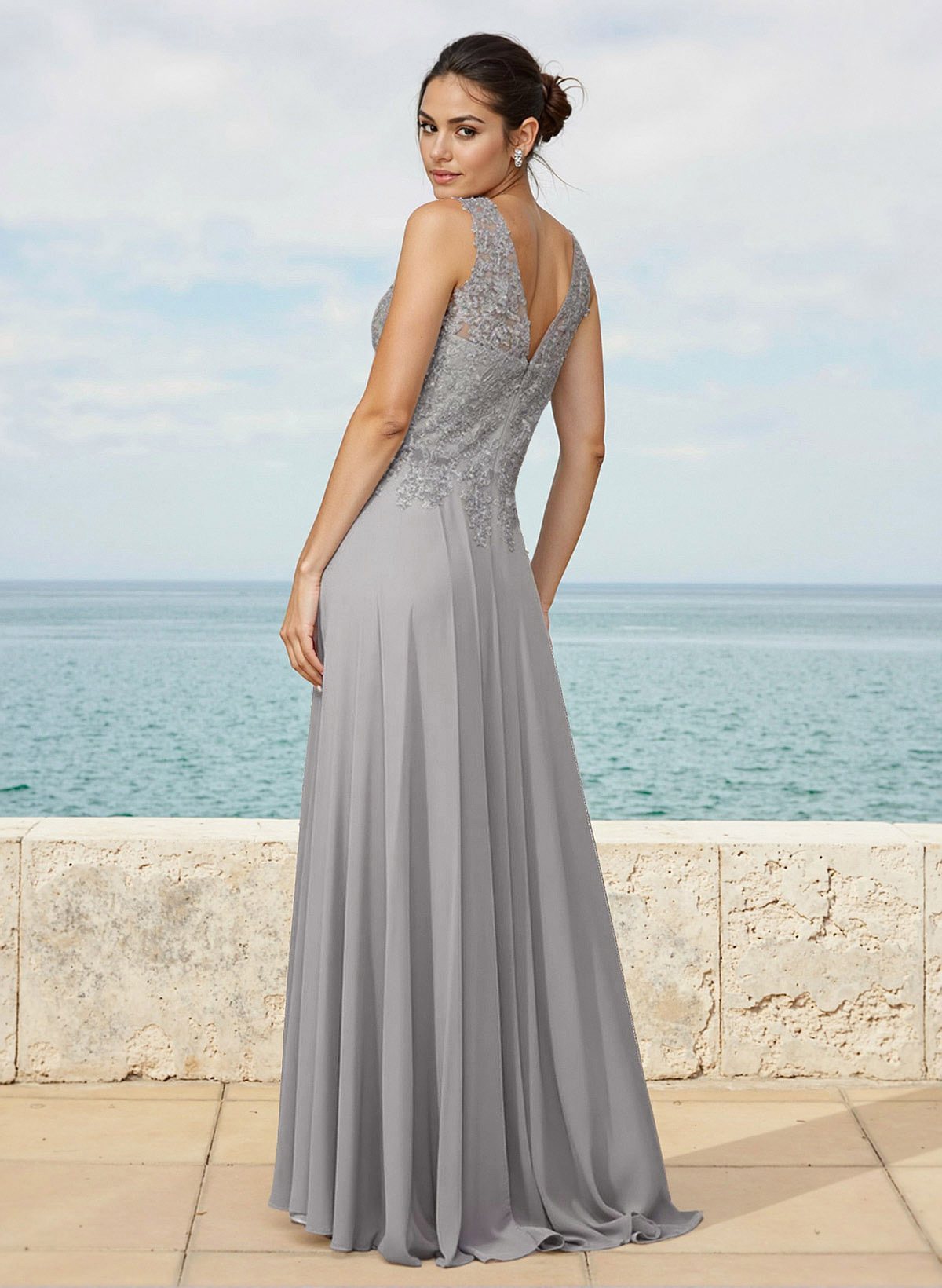 A-Line V-Neck Sleeveless Sweep Train Chiffon Bridesmaid Dresses With Lace, image 2