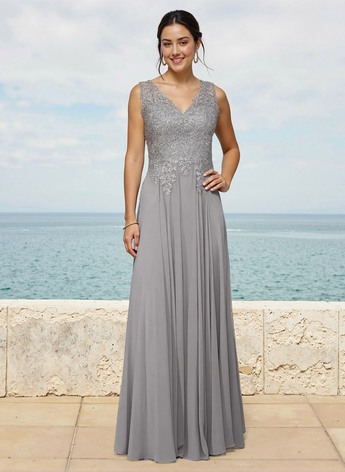 A-Line V-Neck Sleeveless Sweep Train Chiffon Bridesmaid Dresses With Lace, image 1