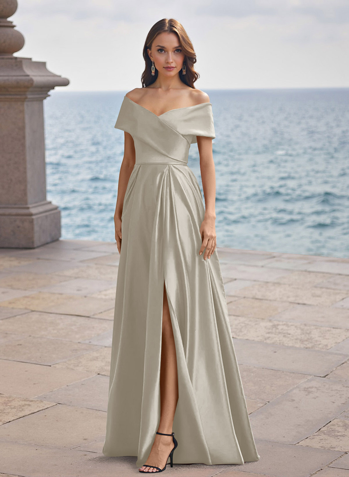 A-Line Off-The-Shoulder Sleeveless Satin Bridesmaid Dresses With Split Front, product image 121
