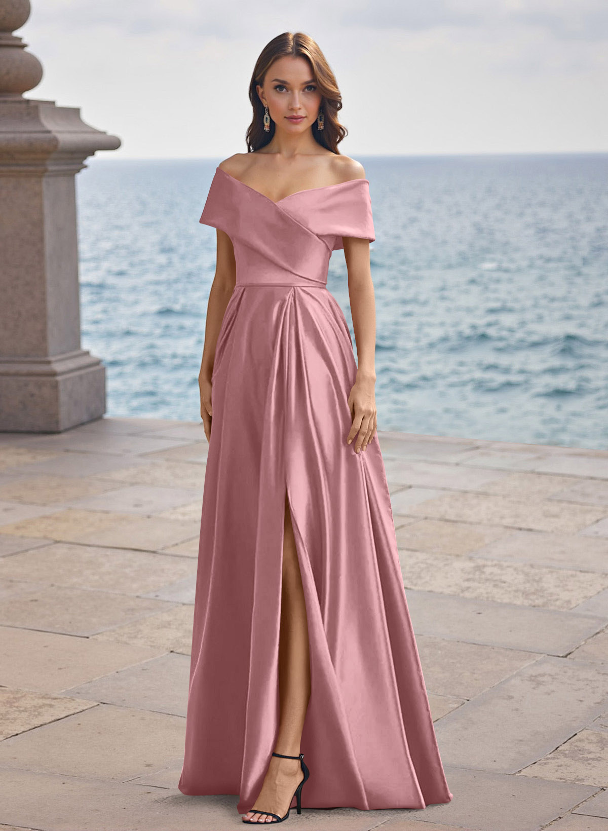 A-Line Off-The-Shoulder Sleeveless Satin Bridesmaid Dresses With Split Front, product image 43