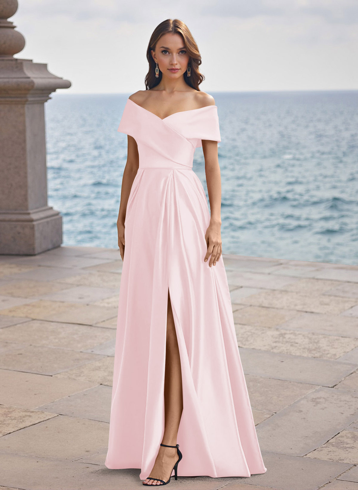A-Line Off-The-Shoulder Sleeveless Satin Bridesmaid Dresses With Split Front, product image 49